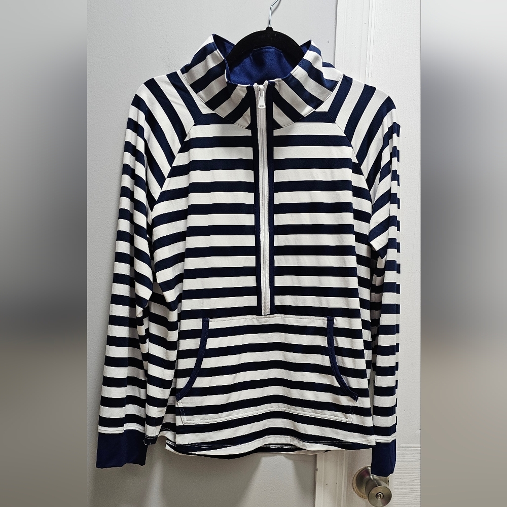 Duffield Lane Navy White Stripe Quarter Zip Pullover UPF 50+ Active Top XL NWT